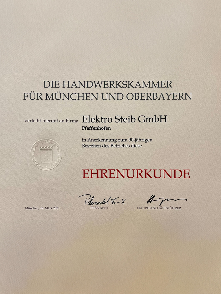 Ehrenurkunde bei Elektro Steib GmbH in Pfaffenhofen