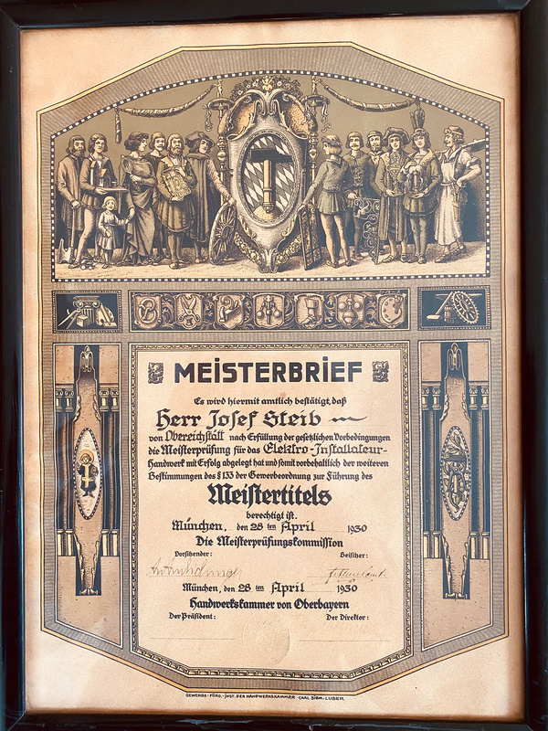 Der Meisterbrief von unserem Firmengründer bei Elektro Steib GmbH in Pfaffenhofen